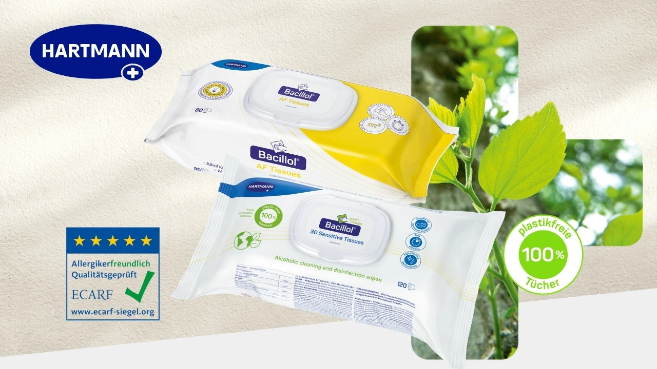 HARTMANN Bacillol AF Tissues und Bacillol 30 Sensitive Tissues vor grünen Blättern, mit ECARF-Siegel und Hinweis auf 100 % plastikfreie Tücher.
