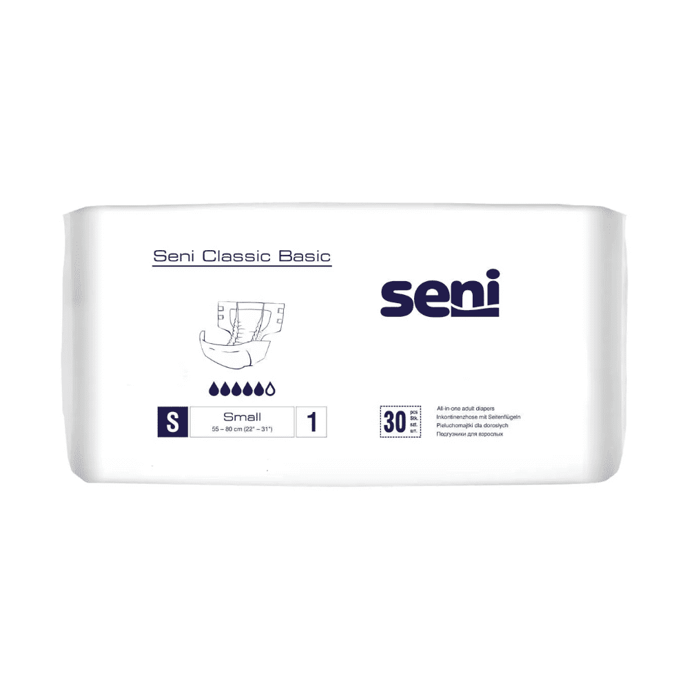 Μια συσκευασία Seni Classic Basic πάνας ακράτειας (μέγεθος S, 30 τεμάχια, 55-80 εκ.) από την TZMO Deutschland GmbH με αναπνεύσιμο εξωτερικό στρώμα για άνεση σε περιπτώσεις ακράτειας ούρων. Περιλαμβάνει διαγράμματα και σύμβολα απορροφητικότητας στη συσκευασία.