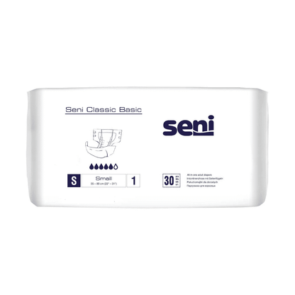Μια συσκευασία Seni Classic Basic πάνας ακράτειας (μέγεθος S, 30 τεμάχια, 55-80 εκ.) από την TZMO Deutschland GmbH με αναπνεύσιμο εξωτερικό στρώμα για άνεση σε περιπτώσεις ακράτειας ούρων. Περιλαμβάνει διαγράμματα και σύμβολα απορροφητικότητας στη συσκευασία.