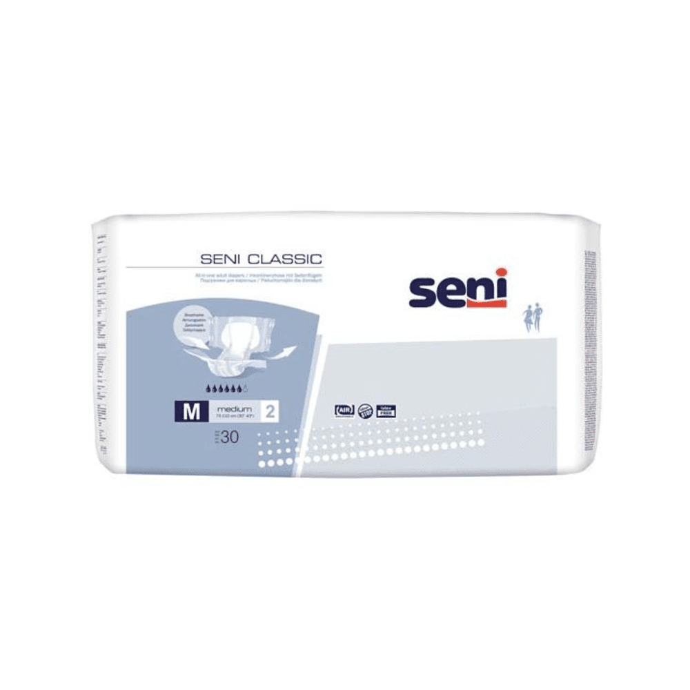 Μια συσκευασία των 30 τεμαχίων Seni Classic εσώρουχα ακράτειας, μέγεθος S-L από την TZMO Deutschland GmbH. Λευκή/ανοιχτό μπλε συσκευασία με πληροφορίες προϊόντος και εικόνες· ιδανική για ακράτεια χάρη στην αξιόπιστη τεχνολογία υπεραπορροφητή.