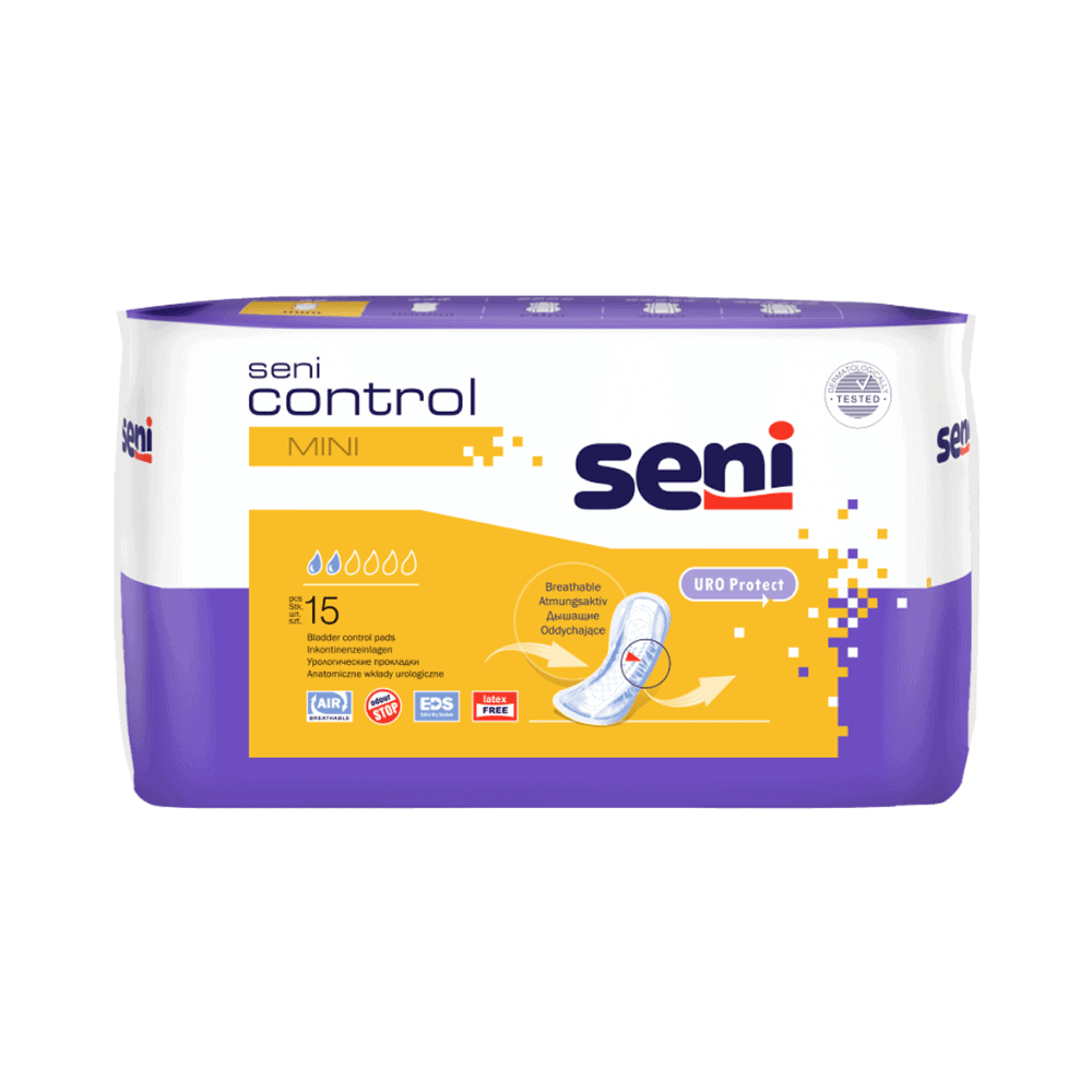 Die Seni Control Mini Inkontinenzeinlage | Packung (15 Stück) von TZMO Deutschland GmbH verfügt über ein gelb-weißes Design mit Informationen, Symbolen und einem Diagramm auf der Vorderseite und bietet Tragekomfort und Diskretion.