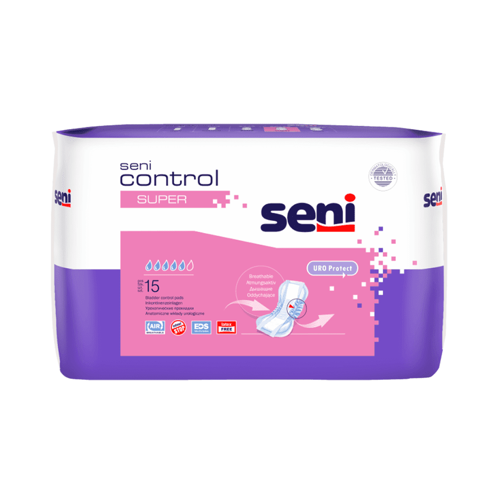 Η Seni Control Super Inkontinenzeinlage της TZMO Deutschland GmbH έρχεται σε μοβ-λευκό σχέδιο, δείχνει άνεση και απορροφητικότητα στην ετικέτα με εικονογράφηση του επιθέματος. Η συσκευασία περιέχει 15 κομμάτια.
