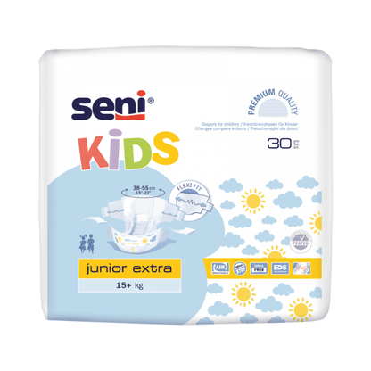 Οι πάνες ακράτειας Seni Kids Junior Extra της TZMO Deutschland GmbH για παιδιά από 15 κιλά διατίθενται σε μια πολύχρωμη συσκευασία με γραφικά ήλιου και σύννεφου καθώς και το σύμβολο Extra Dry System και περιέχουν 30 κομμάτια.