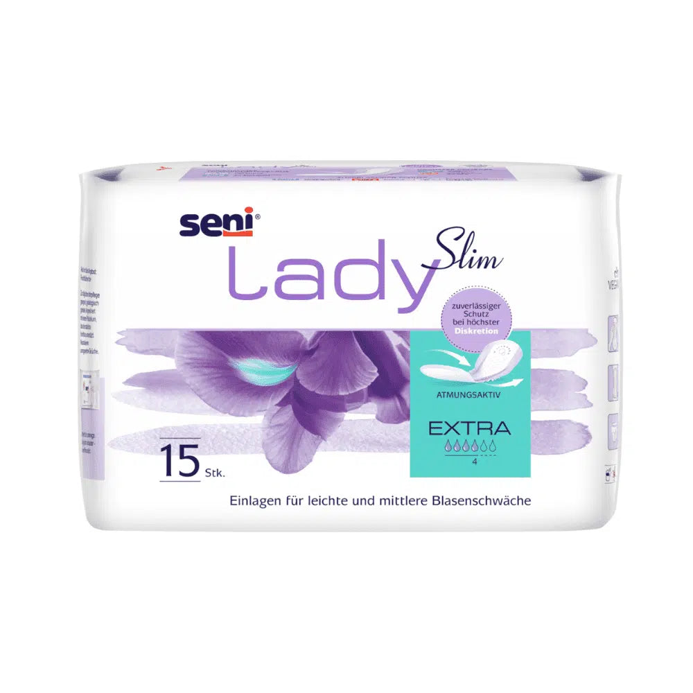 Seni Lady Slim Extra Inkontinenzeinlage von TZMO Deutschland GmbH: Συσκευασία με 15 τεμάχια, μωβ-λουλουδάτο σχέδιο, γερμανική επιγραφή, τονισμένη άνεση στη χρήση. Ιδανικό για ελαφριά έως μέτρια αδυναμία της ουροδόχου κύστης.