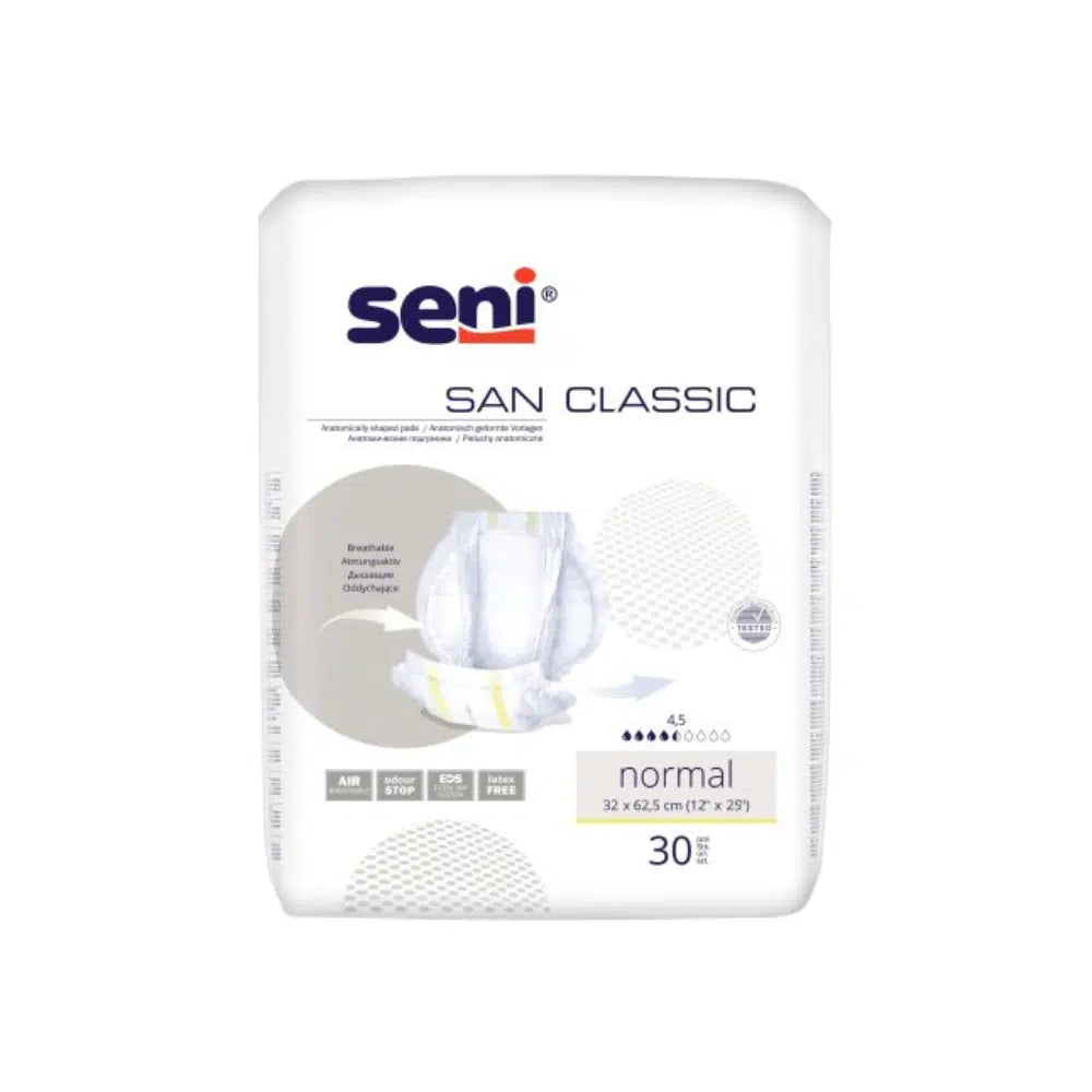 Μια συσκευασία San Seni Classic Normal Inkontinenzvorlage της TZMO Deutschland GmbH περιέχει 30 επιθέματα, έχει λευκή συσκευασία με μπλε-γκρι γραφή, είναι ιδανική για αδυναμία της κύστης και δείχνει μια εικόνα του σχεδίου του επιθέματος.