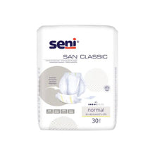 Μια συσκευασία San Seni Classic Normal Inkontinenzvorlage της TZMO Deutschland GmbH περιέχει 30 επιθέματα, έχει λευκή συσκευασία με μπλε-γκρι γραφή, είναι ιδανική για αδυναμία της κύστης και δείχνει μια εικόνα του σχεδίου του επιθέματος.