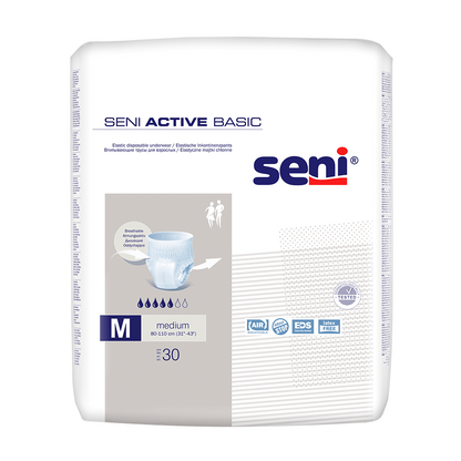 Μια συσκευασία 30 τεμαχίων Seni Active Basic εσώρουχα ακράτειας στα μεγέθη M-XL της TZMO Deutschland GmbH. Η κυρίως λευκή συσκευασία περιέχει μπλε και γκρι κείμενο, μια εικόνα πάνας και πληροφορίες προϊόντος. Κατάλληλο για περιφέρειες μέσης από 60-110 cm.