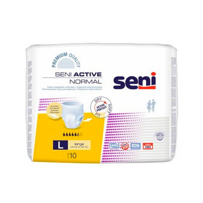 Seni Active Normal Inkontinenzpants από την TZMO Deutschland GmbH: Μέγεθος για ενήλικες Large, χωρητικότητα 1700 ml. Ιδανικό για αδυναμία κύστης, η συσκευασία δείχνει πληροφορίες προϊόντος, ένα διάγραμμα και τονίζει τον δείκτη υγρασίας.