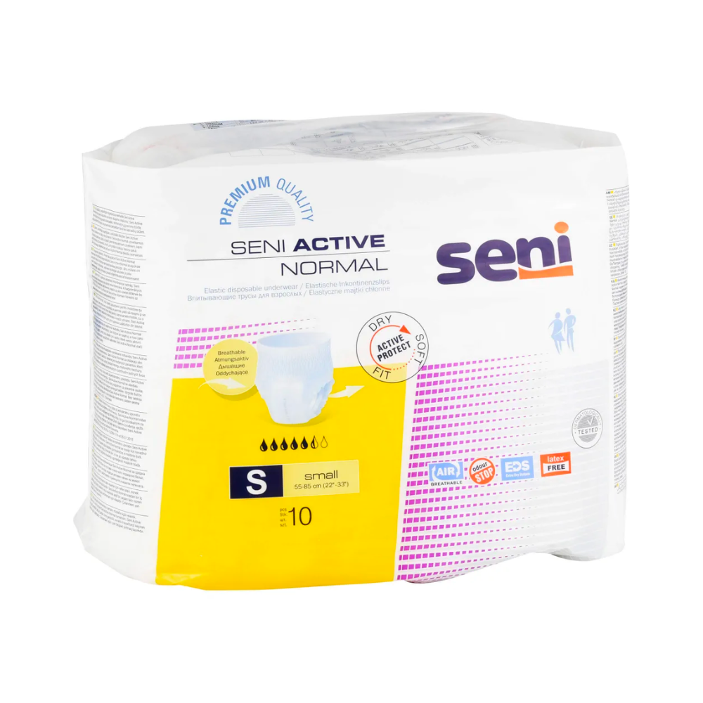 Seni Active Normal Inkontinenzpants από την TZMO Deutschland GmbH, μέγεθος S, συσκευασία 10 τεμαχίων. Η κυρίως λευκή συσκευασία με κίτρινες πινελιές δείχνει την απορροφητικότητα και έναν δείκτη υγρασίας για αδυναμία κύστης.