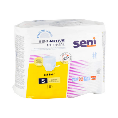 Seni Active Normal Inkontinenzpants από την TZMO Deutschland GmbH, μέγεθος S, συσκευασία 10 τεμαχίων. Η κυρίως λευκή συσκευασία με κίτρινες πινελιές δείχνει την απορροφητικότητα και έναν δείκτη υγρασίας για αδυναμία κύστης.