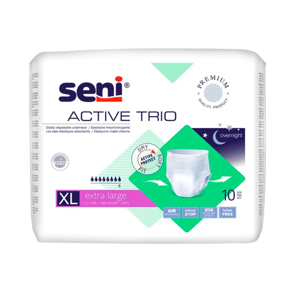 Μια συσκευασία 10 τεμαχίων Seni Active Trio εσώρουχα ακράτειας της TZMO Deutschland GmbH για αδυναμία κύστης, με διακοπή οσμών, υλικό χωρίς λάτεξ, κατάλληλο για χρήση τη νύχτα. Κυρίως λευκή συσκευασία με μοβ και πράσινες λεπτομέρειες.