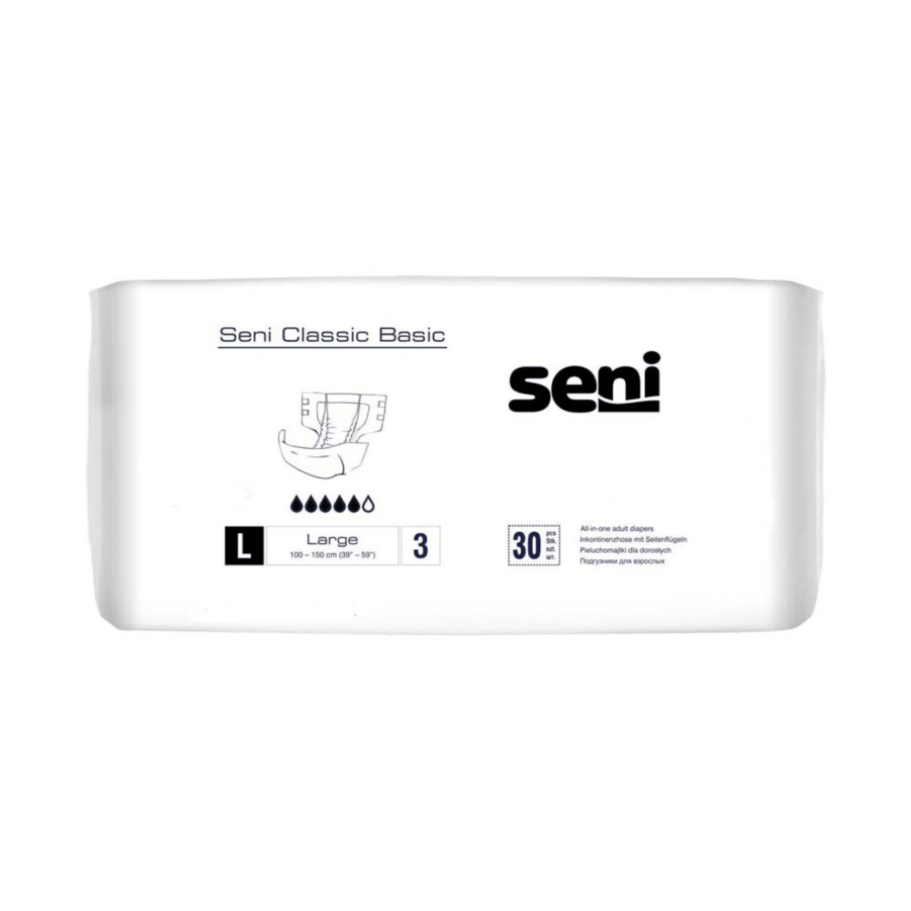 Μια ορθογώνια συσκευασία Seni Classic Basic πάνας ακράτειας, μέγεθος L από την TZMO Deutschland GmbH, δείχνει μια εικονογράφηση πάνας, επίπεδο απορροφητικότητας 3, «30 τεμάχια» ανά συσκευασία και αναπνεύσιμο εξωτερικό στρώμα.