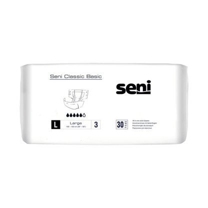 Μια ορθογώνια συσκευασία Seni Classic Basic πάνας ακράτειας, μέγεθος L από την TZMO Deutschland GmbH, δείχνει μια εικονογράφηση πάνας, επίπεδο απορροφητικότητας 3, «30 τεμάχια» ανά συσκευασία και αναπνεύσιμο εξωτερικό στρώμα.