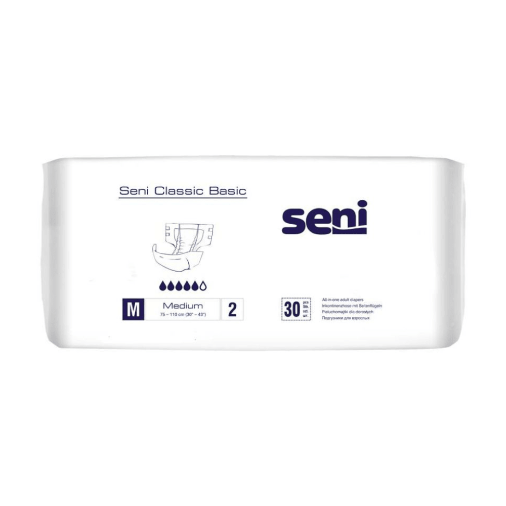 Μια λευκή συσκευασία με την επιγραφή «Seni Classic Basic πάνα ακράτειας, μέγεθος S-XL» από την TZMO Deutschland GmbH φέρει το λογότυπο Seni, ένα σύμβολο μεγέθους, πληροφορίες απορροφητικότητας, ένα αναπνεύσιμο εξωτερικό στρώμα και αναφέρει ότι περιέχονται 30 τεμάχια για ακράτεια ούρων.