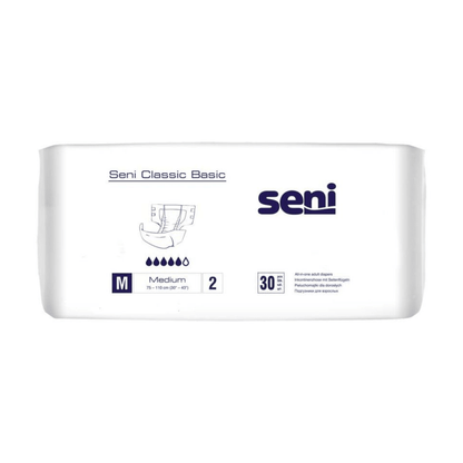 Μια λευκή συσκευασία με την επιγραφή «Seni Classic Basic πάνα ακράτειας, μέγεθος S-XL» από την TZMO Deutschland GmbH φέρει το λογότυπο Seni, ένα σύμβολο μεγέθους, πληροφορίες απορροφητικότητας, ένα αναπνεύσιμο εξωτερικό στρώμα και αναφέρει ότι περιέχονται 30 τεμάχια για ακράτεια ούρων.