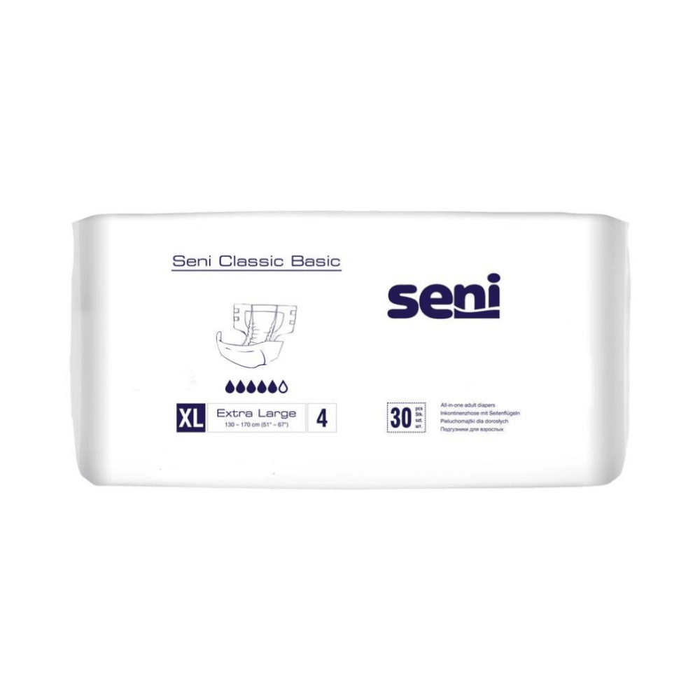 Μια συσκευασία 30 τεμαχίων Seni Classic Basic πάνας ακράτειας (μέγεθος XL) της TZMO Deutschland GmbH για ακράτεια ούρων είναι διακοσμημένη με τέσσερα σύμβολα σταγόνας, η λευκή συσκευασία είναι διακοσμημένη με μπλε κείμενο και μπλε σύμβολα.