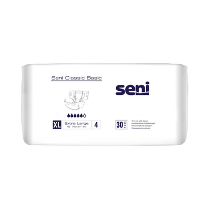 Μια συσκευασία 30 τεμαχίων Seni Classic Basic πάνας ακράτειας (μέγεθος XL) της TZMO Deutschland GmbH για ακράτεια ούρων είναι διακοσμημένη με τέσσερα σύμβολα σταγόνας, η λευκή συσκευασία είναι διακοσμημένη με μπλε κείμενο και μπλε σύμβολα.