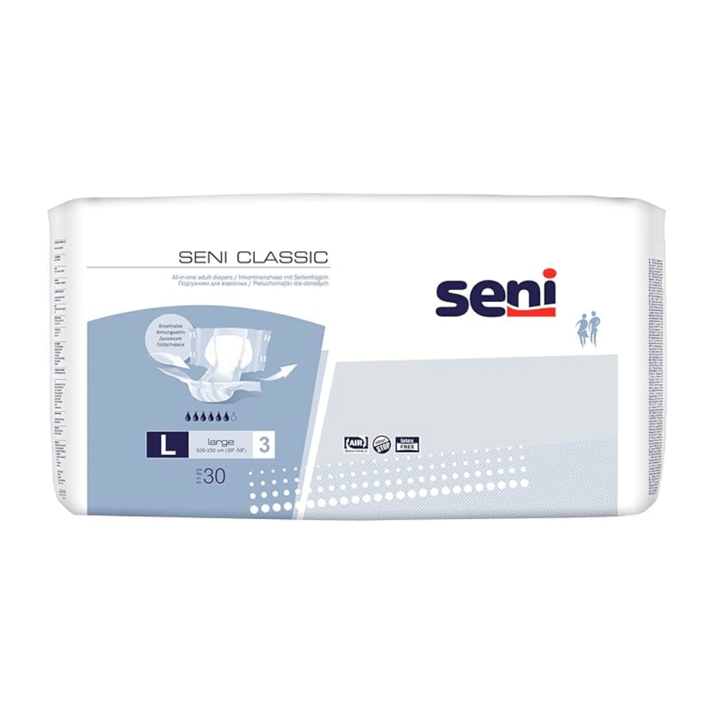 Μια συσκευασία με 30 εσώρουχα ακράτειας Seni Classic, μέγεθος S-L από την TZMO Deutschland GmbH, παραδίδεται σε λευκή-μπλε συσκευασία με πυρήνα υπεραπορροφητή για αξιόπιστη προστασία από την ακράτεια και καθαρή αναγνώριση μάρκας.