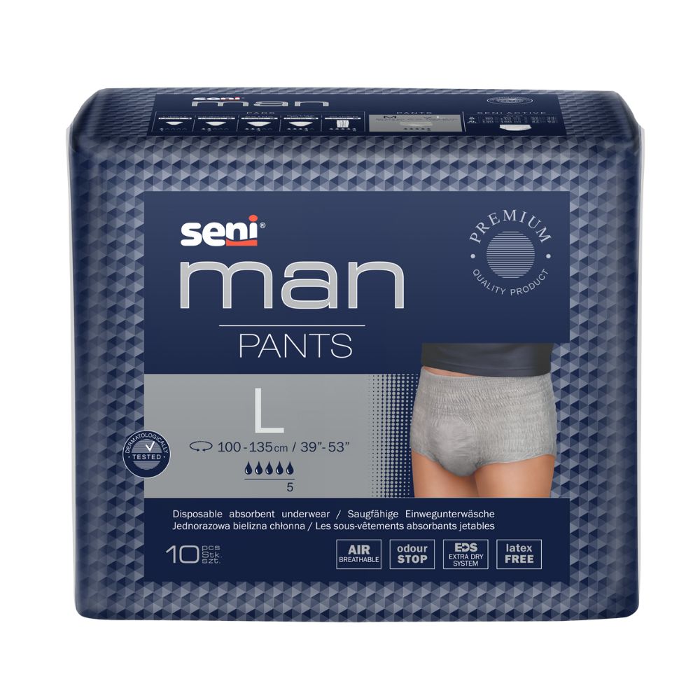 Μια συσκευασία Seni Man Pants απορροφητικά εσώρουχα για άνδρες της TZMO Deutschland GmbH, υψηλής ποιότητας πάνες ενηλίκων για ακράτεια σε μεγάλο μέγεθος, με γκρι ζώνη και ένα διάγραμμα που δείχνει την εφαρμογή σε μια κούκλα βιτρίνας. Περιέχει 10