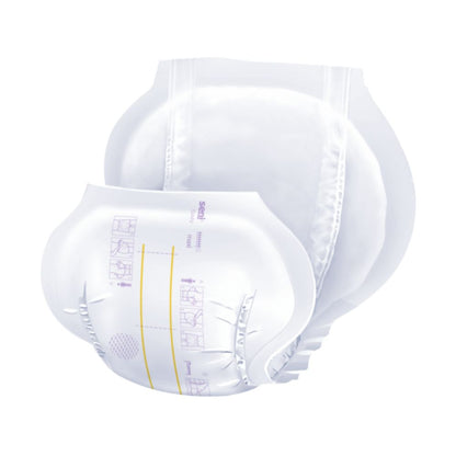 Περιγραφή: Εικονογράφηση μιας λευκής, μιας χρήσης πάνας ακράτειας Seni San Maxi για ενήλικες από την TZMO Deutschland GmbH, που δείχνει τη στρωματική δομή και τις ζώνες απορρόφησης.