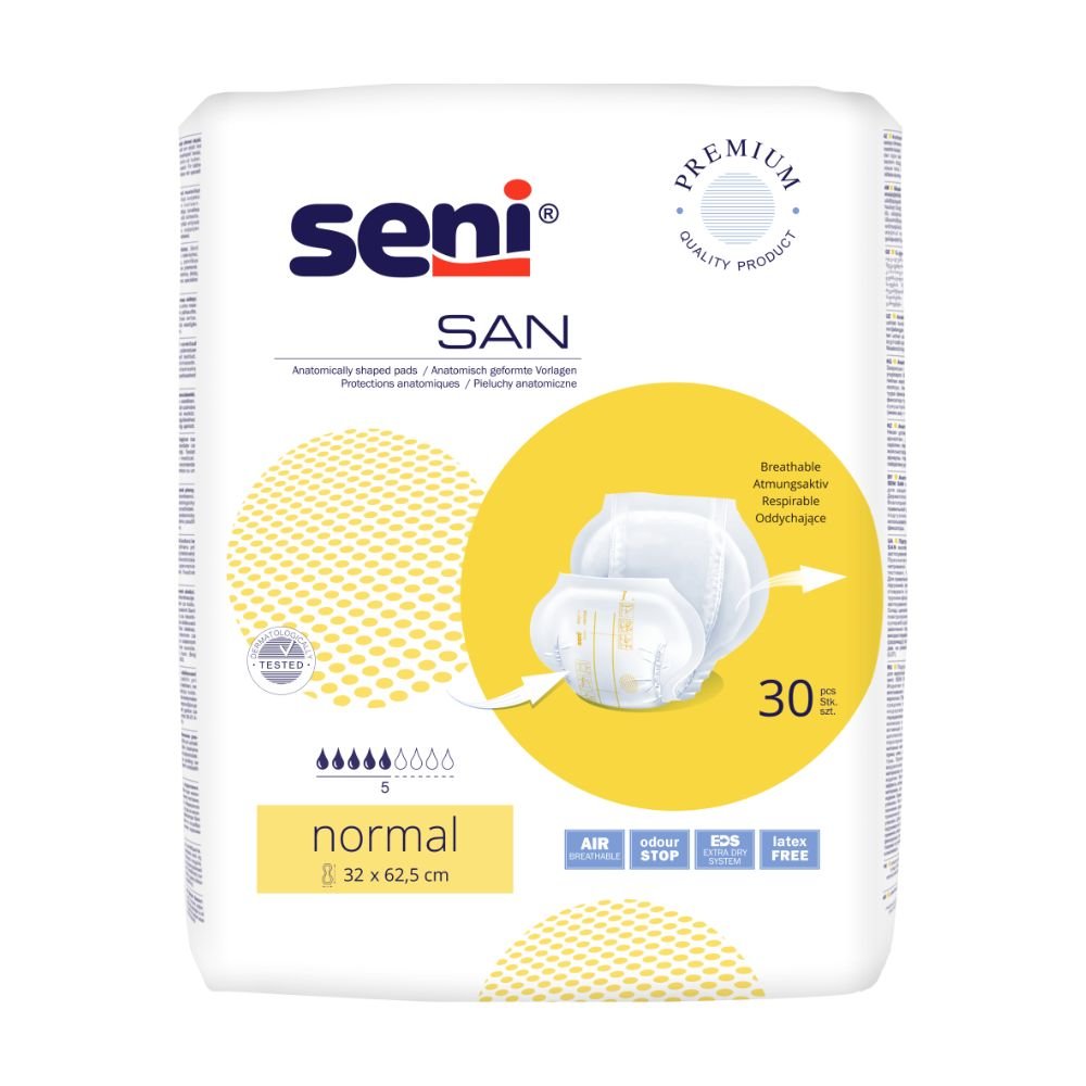 Μια συσκευασία Seni San Normal Inkontinenzvorlage Μέγεθος 5 με 30 τεμάχια, επισημασμένη με λεπτομέρειες προϊόντος όπως «αναπνέει», «σταματάει τη μυρωδιά» και «χωρίς λάτεξ». Η TZMO Deutschland GmbH.