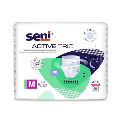 Μια συσκευασία Seni Active Trio εσώρουχα ακράτειας από την TZMO Deutschland GmbH, μέγεθος M (80-110 cm), για σοβαρή ακράτεια με προστασία νύχτας. Η συσκευασία δείχνει το προϊόν και τονίζει τη διαπνοή και τη δερματολογική δοκιμή.