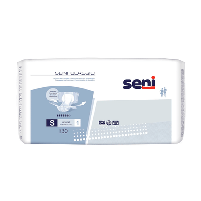 Μια συσκευασία των 30 τεμαχίων Seni Classic εσώρουχα ακράτειας, μέγεθος S-L από την TZMO Deutschland GmbH. Η λευκή συσκευασία με μπλε/γκρι πινελιές δείχνει εικόνες προϊόντων και πληροφορίες για την απορροφητικότητα ακράτειας.