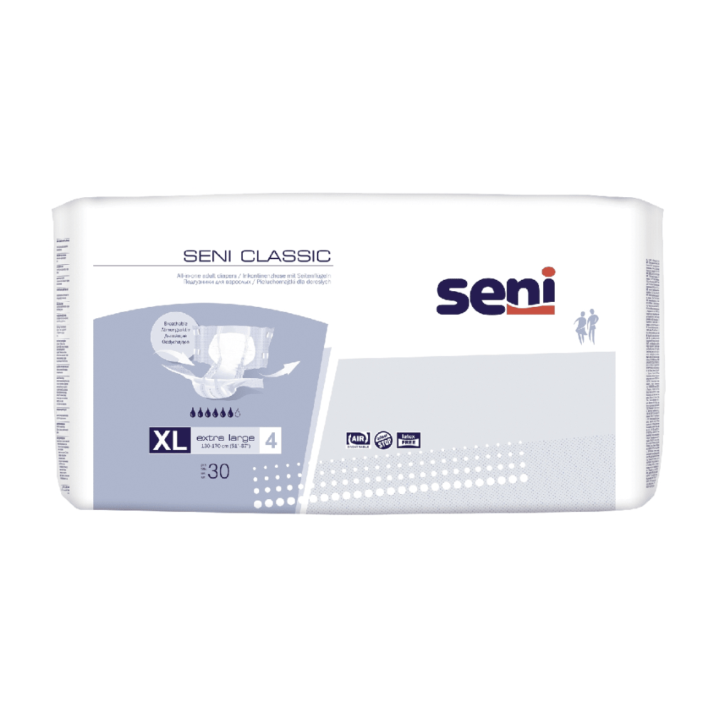 Μια συσκευασία εσωρούχων ακράτειας Seni Classic της TZMO Deutschland GmbH στα μεγέθη S-L, κυρίως λευκή με μπλε και γκρι πινελιές, διαθέτει σύμβολα απορροφητικότητας, λογότυπο μάρκας, πυρήνα υπεραπορροφητή και περιέχει 30 τεμάχια για ακράτεια (επίπεδο 4).