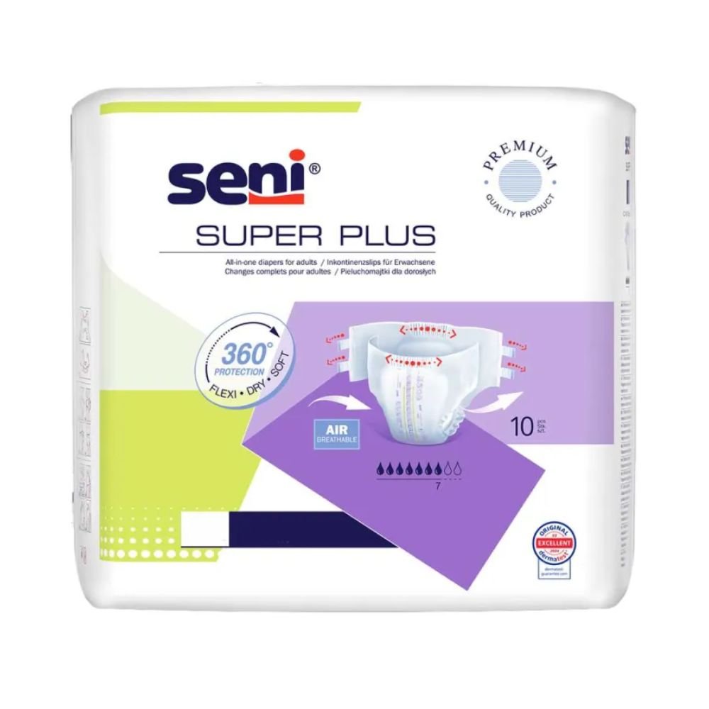 Μια συσκευασία Seni Super Plus Αναπνεόμενες Ακράτειες της TZMO Deutschland GmbH προσφέρει άνεση αέρα 360 μοιρών, απορροφητικότητα επιπέδου 7 με τεχνολογία υπεραπορρόφησης και περιέχει 10 τεμάχια σε λευκή συσκευασία με πράσινες και μοβ πινελιές.
