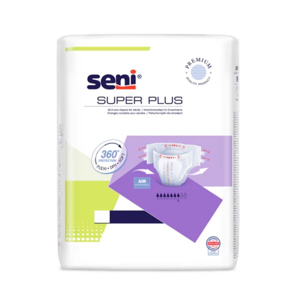 Η εικόνα δείχνει μια συσκευασία Seni Super Plus Αναπνεόμενες Ακράτειες της TZMO Deutschland GmbH, γνωστή για την άνεση της. Η λευκή συσκευασία με μοβ και πράσινες πινελιές τονίζει την «360° Προστασία» και έναν δείκτη απορρόφησης.
