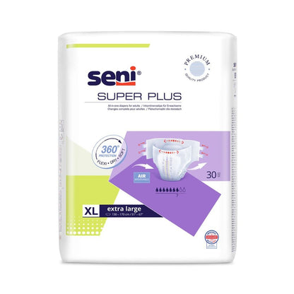 Οι Seni Super Plus Αναπνεόμενες Ακράτειες της TZMO Deutschland GmbH στο μέγεθος XL με 360° Προστασία παραδίδονται σε συσκευασία των 30. Η συσκευασία διαθέτει ένα διάγραμμα προϊόντος, σφραγίδα ποιότητας καθώς και μοβ και πράσινες πινελιές για αξιοπιστία.