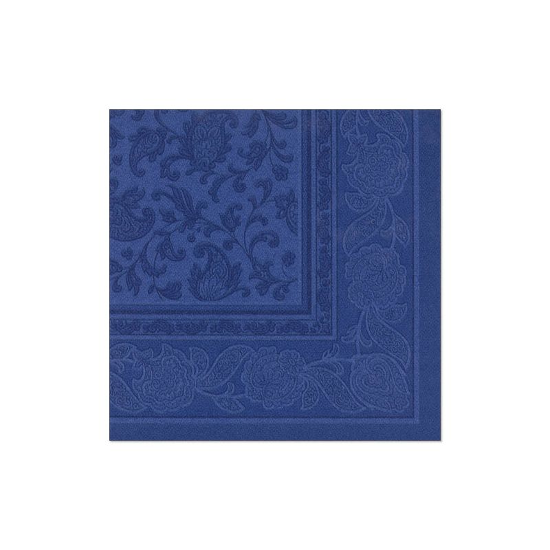 Die blaue quadratische Serviette „Ornaments“ aus der „ROYAL Collection“ der PAPSTAR GmbH zeigt ein aufwendiges Pflanzenranken-Muster mit edler Blumen- und Rankenprägung entlang der Ränder.