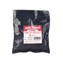 Μια συσκευασία με την επιγραφή «Soft-Hand Latexfingerlinge, Größe 3 – 100 Stück» της Servoprax GmbH περιέχει μεσαίου μεγέθους, μη αποστειρωμένα δακτυλίδια. Η συσκευασία είναι μαύρη με κόκκινη-λευκή ετικέτα και είναι χωρίς πούδρα.