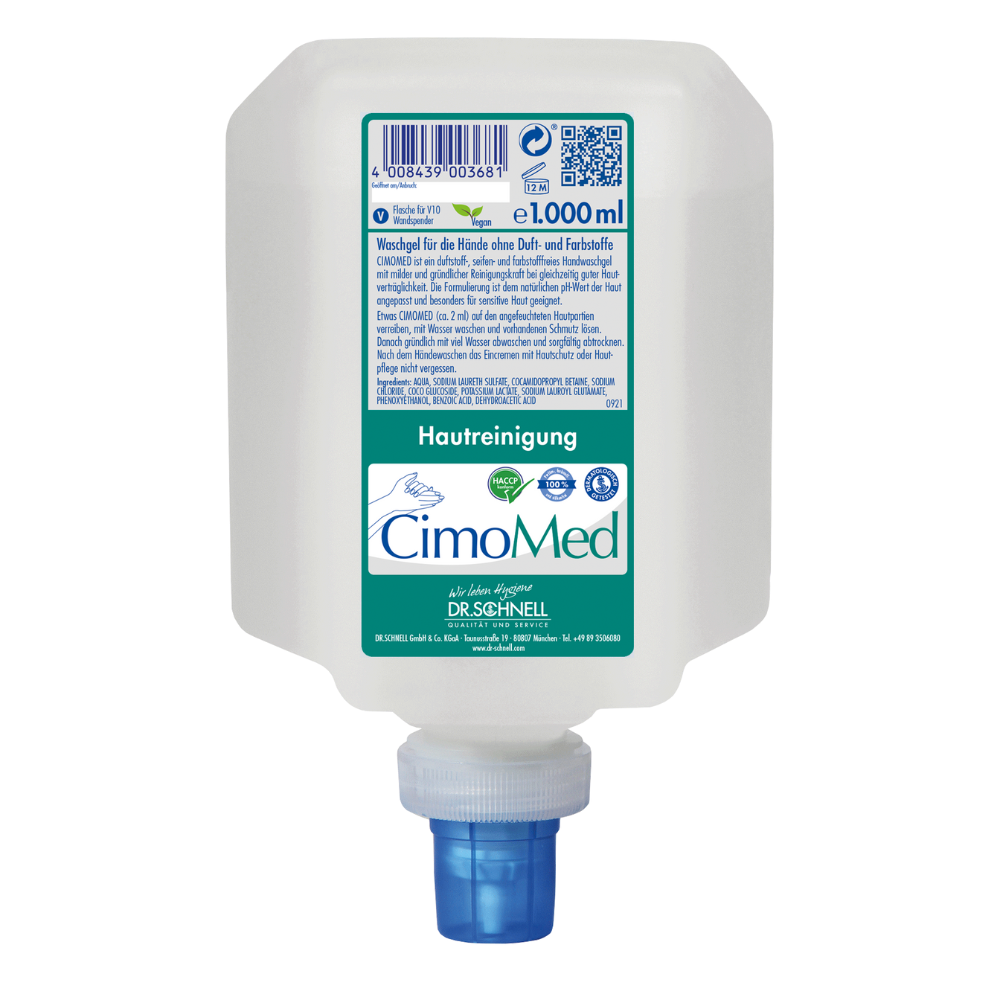 Ένα λευκό μπουκάλι 1000 ml Dr. Schnell CIMOMED υγρό πλύσης χεριών, χωρίς άρωμα και χρωστικές για καθαρισμό δέρματος από την DR.SCHNELL GmbH & Co. KGaA, με μπλε καπάκι διανομής και γερμανική ετικέτα με συστατικά και οδηγίες χρήσης για ευαίσθητο δέρμα.