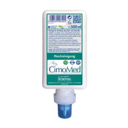 Ένα μπουκάλι 500 ml Dr. Schnell CIMOMED υγρό πλύσης χεριών από την DR.SCHNELL GmbH & Co. KGaA, χωρίς άρωμα και χρωστικές για καθαρισμό δέρματος, με λευκό, γερμανικό λογότυπο και μπλε διανομέα - ιδανικό για ευαίσθητο δέρμα.