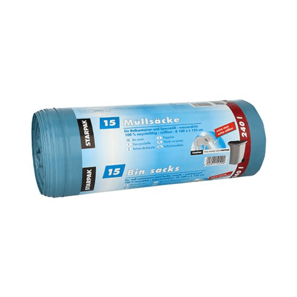 Ένας ρόλος σακούλες απορριμμάτων Starpak 240 l H 125 x B 100 cm μπλε, με πολυγλωσσική ετικέτα με «Σακούλες απορριμμάτων 240 λίτρων», «15 τεμάχια» και «100 % ανακυκλωμένο πλαστικό», είναι ιδανικός για την απόρριψη ογκωδών απορριμμάτων. Κατασκευασμένο από ανθεκτική μεμβράνη LDPE, το εμπορικό όνομα «Starpak» ξεχωρίζει.