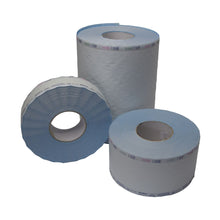 Das Display zeigt drei große blau-weiße Zylinderrollen der MCD MEDICAL CARE DENTAL GmbH inklusive Sterilisationsfolie mit Dampf- und EO-Gasindikator, Polypropylen/Papier, geeignet für FO-Sterilisation. Eine größere Rolle befindet sich hinten, zwei kleinere vorne.