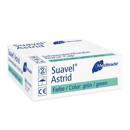 Ένα κουτί Meditrade Suavel® Astrid Schwesternhaube χειρουργικά γάντια από την Meditrade GmbH. Η συσκευασία είναι κυρίως λευκή και μπλε, με το κείμενο να αναφέρει το χρώμα των γαντιών ως πράσινο. Τα σύμβολα υποδεικνύουν ότι τα γάντια προορίζονται για μία μόνο χρήση.
