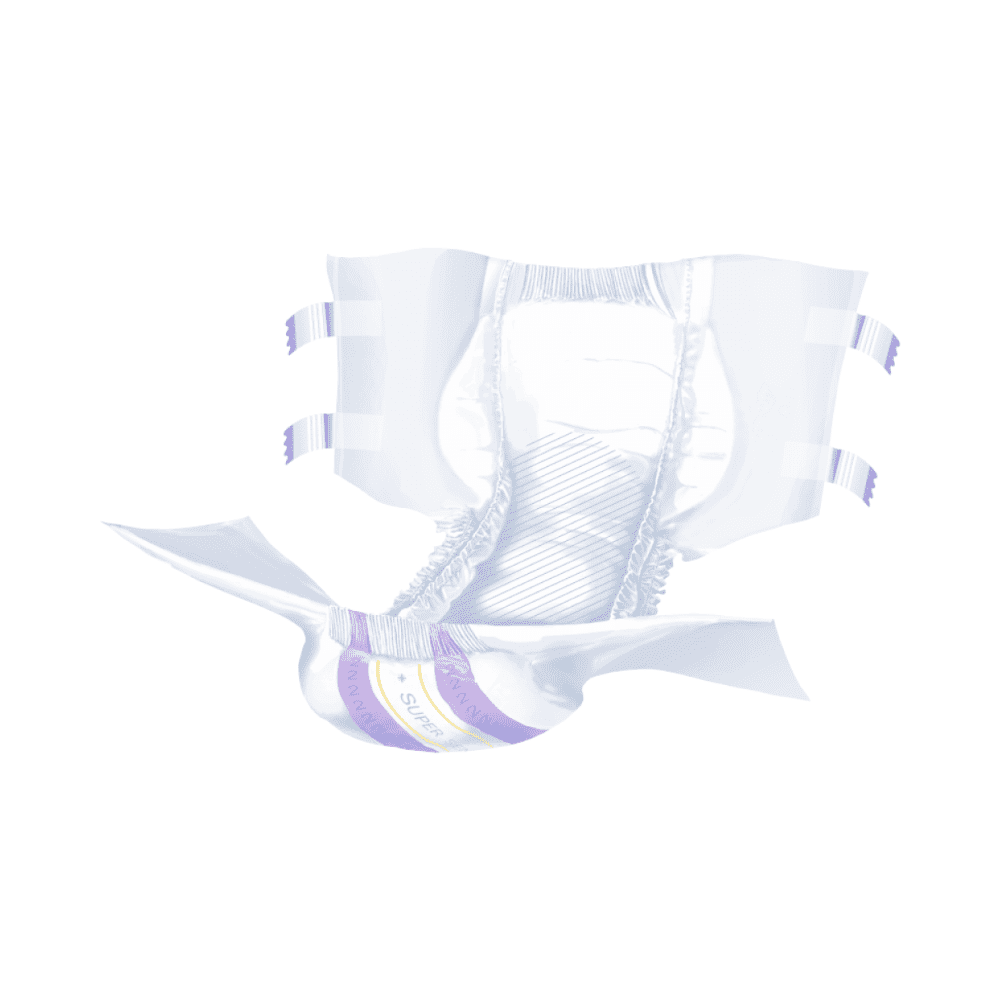 Eine Röntgenaufnahme einer Seni Optima Super Inkontinenzvorlagen mit Hüftbund – 10 oder 30 Stück von TZMO Deutschland GmbH zeigt im Inneren eine Schere, einen Apfel und ein Buch, alles in Blau- und Weißtönen auf transparentem Hintergrund dargestellt.