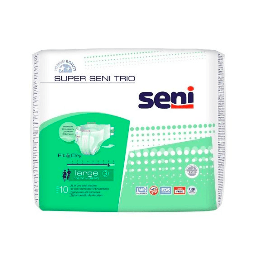 Μια συσκευασία Super Seni Trio πανών ακράτειας της TZMO Deutschland GmbH σε μέγεθος Large, αποτελούμενη από 10 τεμάχια. Η συσκευασία είναι κυρίως λευκή και πράσινη και στην μπροστινή πλευρά αναγράφονται τα χαρακτηριστικά του προϊόντος.