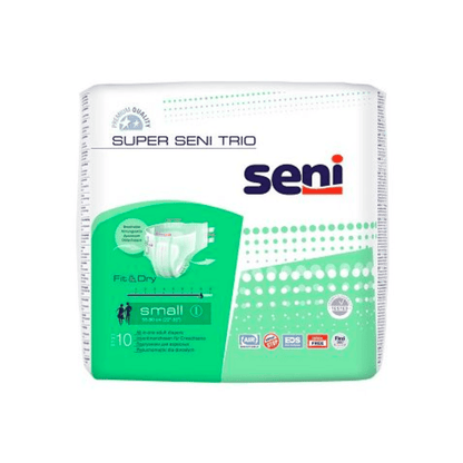 Ένα πακέτο με Super Seni Trio πάνες ακράτειας σε μέγεθος Small από την TZMO Deutschland GmbH. Το πακέτο είναι λευκό με πράσινες πινελιές και παρουσιάζει τα χαρακτηριστικά του προϊόντος, συμπεριλαμβανομένου του συστήματος Fit&Dry και των προδιαγραφών αναπνοής.