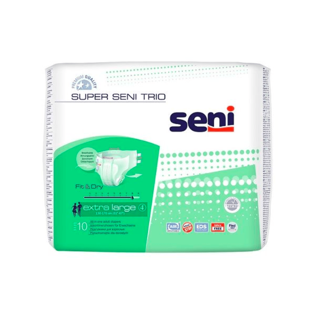 Μια συσκευασία Super Seni Trio πανών ακράτειας της TZMO Deutschland GmbH στα μεγέθη S-XL με 10 αναπνεύσιμες πάνες all-in-one για ακράτεια, απεικονισμένη σε λευκό φόντο με πράσινα και μπλε σχεδιαστικά στοιχεία.