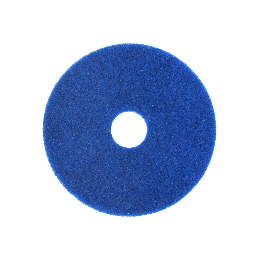 Το Arcora International GmbH Superpad Blau είναι ένα μπλε καθαριστικό pad για τον βασικό καθαρισμό ή τον περιοδικό καθαρισμό σε ευαίσθητα δάπεδα με μηχανές καθαρισμού, με τραχιά υφή και κεντρική τρύπα, απεικονισμένο σε λευκό φόντο.