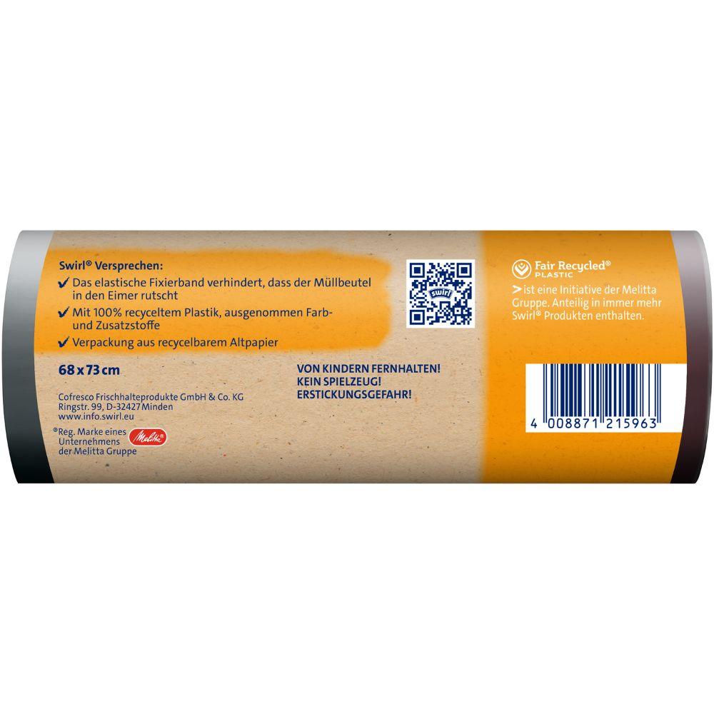 Ένας ρόλος Swirl σακούλες απορριμμάτων με ελαστική ταινία 60 λ ανθεκτικές & αδιάβροχες (10 σακούλες) από την Melitta Europa GmbH & Co. KG διαθέτει μια ανοιχτόχρωμη γερμανική ετικέτα, αποτελείται από 100% ανακυκλωμένο πλαστικό και έχει μια ελαστική ταινία στερέωσης για ασφαλές κλείσιμο.