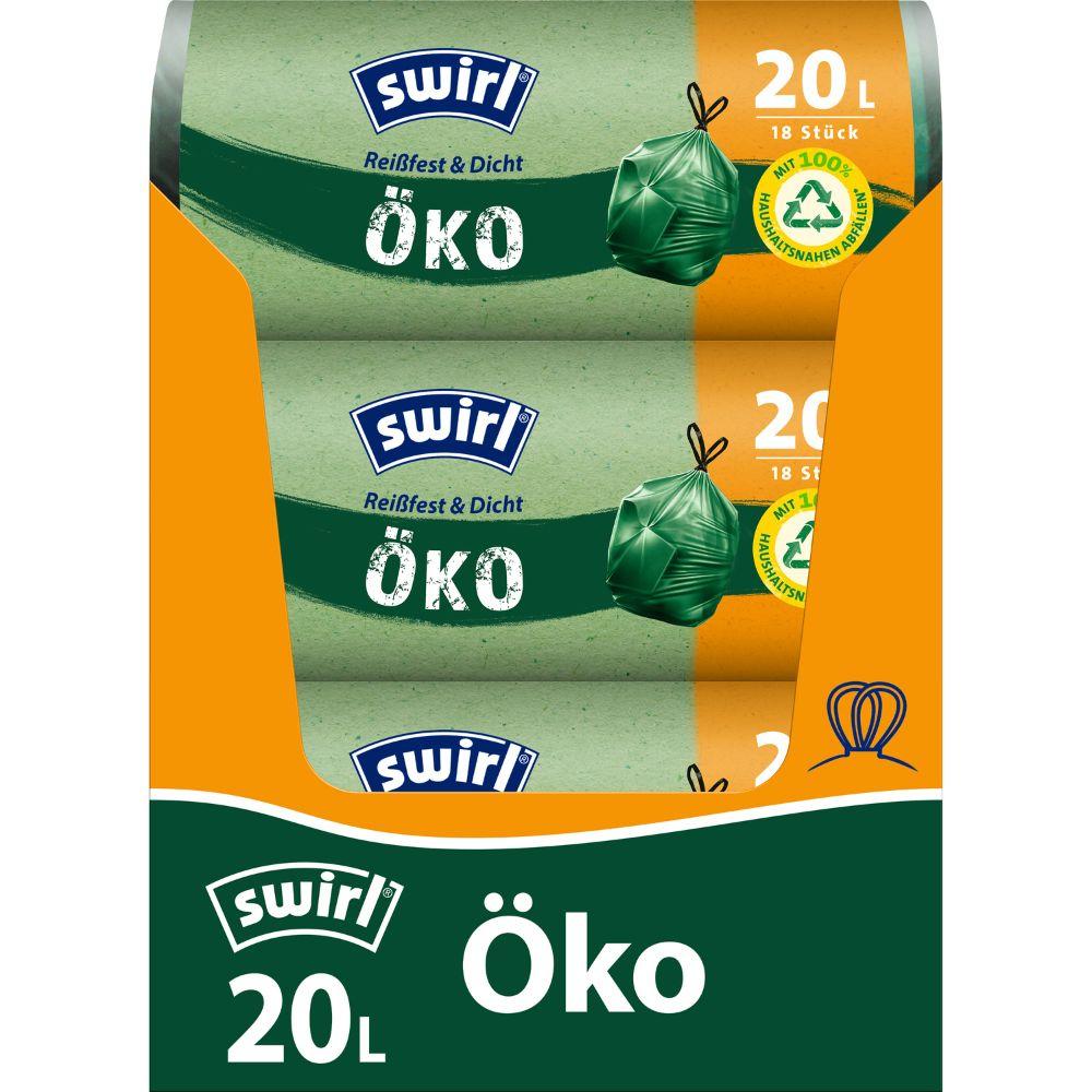 Ένας ρόλος Swirl οικολογικών σακουλών απορριμμάτων με κορδόνι 20 l από την Melitta Europa GmbH & Co. KG περιέχει 18 ανθεκτικές στο σκίσιμο, στεγανές σακούλες με κλείσιμο κορδονιού και φιλικές προς το περιβάλλον ιδιότητες, κατασκευασμένες από ανακυκλωμένο πλαστικό και με πράσινη σφραγίδα.
