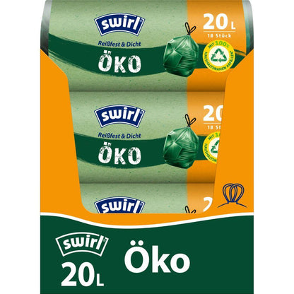 Ένας ρόλος Swirl οικολογικών σακουλών απορριμμάτων με κορδόνι 20 l από την Melitta Europa GmbH & Co. KG περιέχει 18 ανθεκτικές στο σκίσιμο, στεγανές σακούλες με κλείσιμο κορδονιού και φιλικές προς το περιβάλλον ιδιότητες, κατασκευασμένες από ανακυκλωμένο πλαστικό και με πράσινη σφραγίδα.