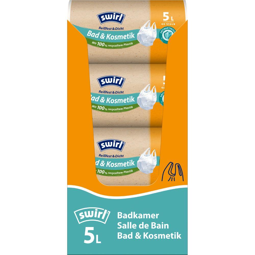 Ένας ρόλος Swirl σακούλες σκουπιδιών με λαβή για μπάνιο & καλλυντικά 5 l ανθεκτικές και αδιάβροχες της Melitta Europa GmbH & Co. KG με 40 ανθεκτικές και αδιάβροχες σακούλες σκουπιδιών μπάνιου από ανακυκλωμένο πλαστικό. Το κουτί απεικονίζεται σε πορτοκαλί και μπλε χρώμα.
