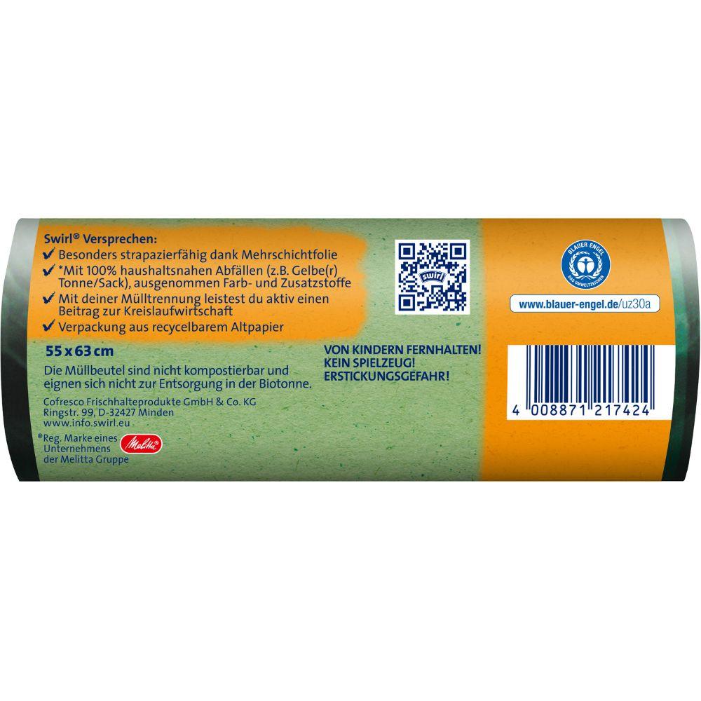 Μια κοντινή λήψη της πίσω ετικέτας των οικολογικών σακουλών απορριμμάτων με κορδόνι 35 l (12 σακούλες) της Melitta Swirl δείχνει υποσχέσεις προϊόντος, οδηγίες χρήσης, έναν κωδικό QR, έναν γραμμωτό κώδικα και γερμανικές προειδοποιήσεις ασφαλείας σε πράσινο-πορτοκαλί φόντο.