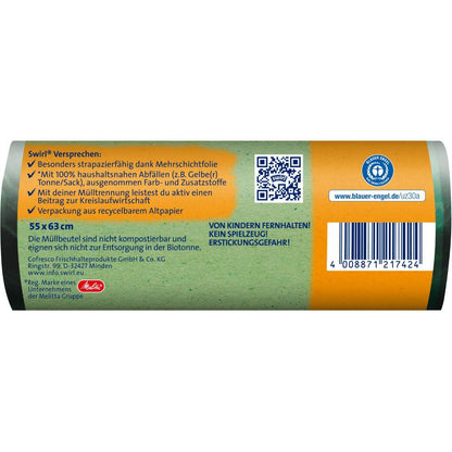 Μια κοντινή λήψη της πίσω ετικέτας των οικολογικών σακουλών απορριμμάτων με κορδόνι 35 l (12 σακούλες) της Melitta Swirl δείχνει υποσχέσεις προϊόντος, οδηγίες χρήσης, έναν κωδικό QR, έναν γραμμωτό κώδικα και γερμανικές προειδοποιήσεις ασφαλείας σε πράσινο-πορτοκαλί φόντο.