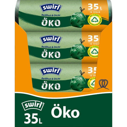 Ένας ρόλος Swirl οικολογικών σακουλών απορριμμάτων με κορδόνι 35 l (12 σακούλες) από την Melitta Europa GmbH & Co. KG με φιλικά προς το περιβάλλον σύμβολα και χρώματα αποτελείται από ανακυκλωμένο πλαστικό και προσφέρει μια βιώσιμη και ασφαλή λύση απορριμμάτων.